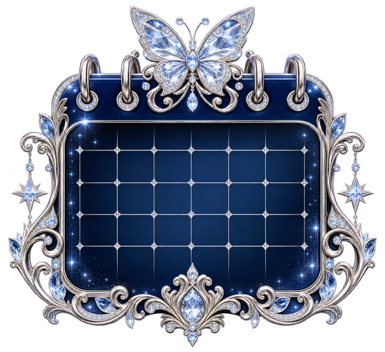 Calendario azul medianoche con mariposa de cristal