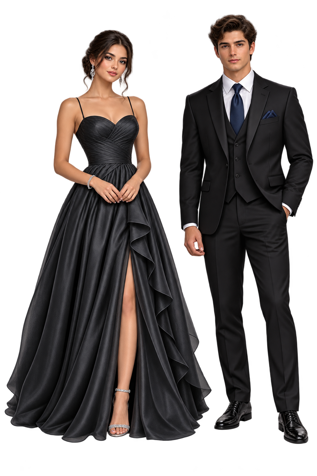 Vestido largo negro y traje formal azul noche